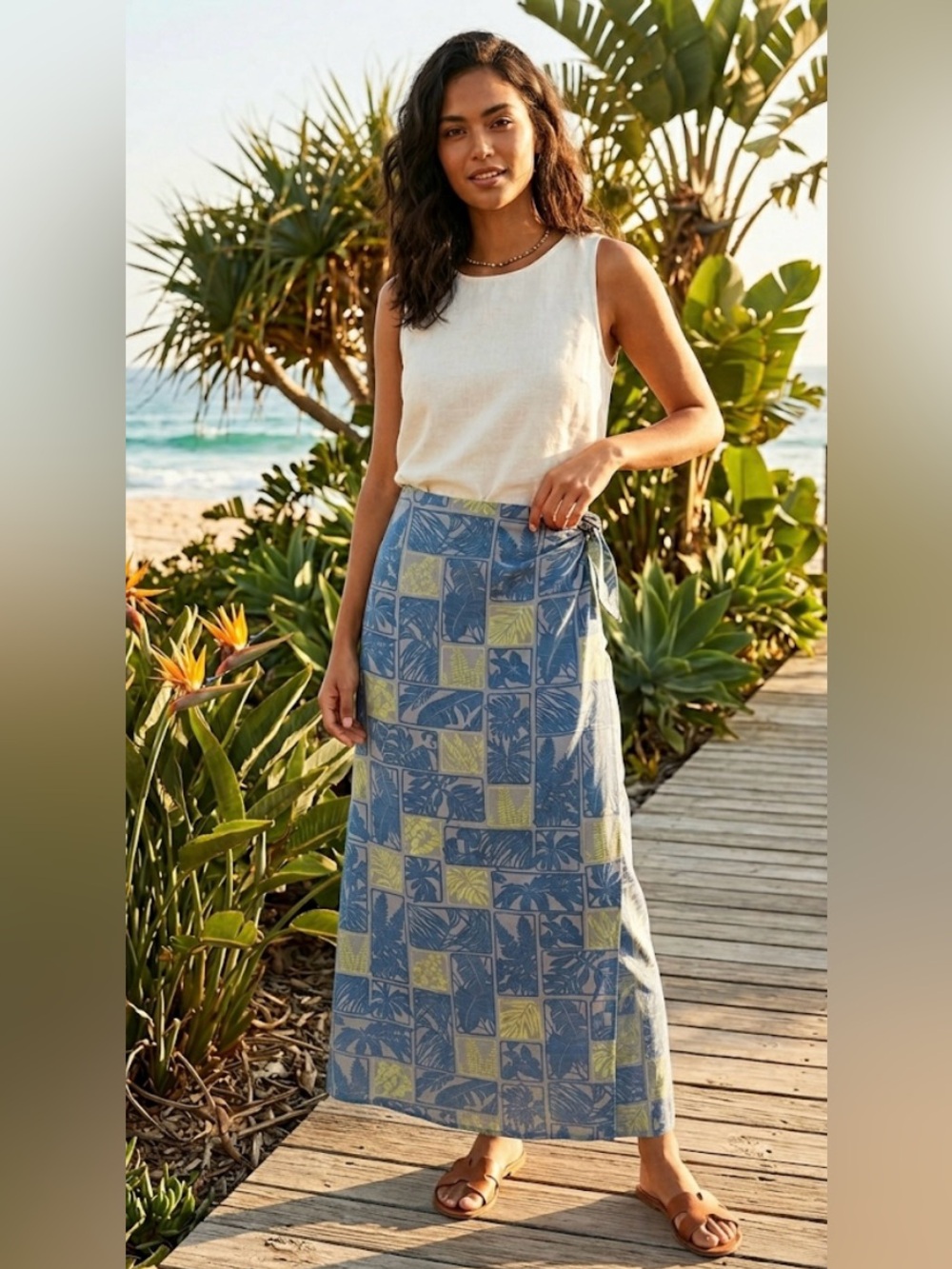 NWT Talbots Petites 12P Tropical Leaf Wrap Skirt Blue MSRP $78